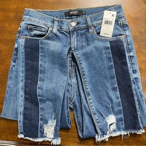 Hudson Jeans Blue Distressed High-Rise Jeans with Dark Stripe Panels